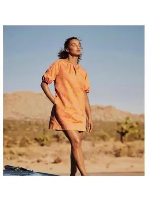 Free Assembly Pink and Orange Floral Shirred Short Sleeve Dress Pockets thumbnail 3