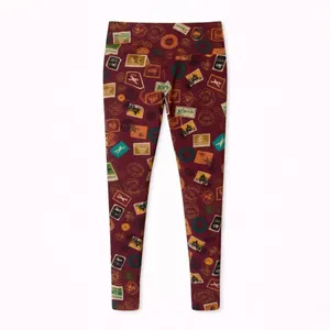 LuLaRoe Leggings One Size Burgundy Travel Stamp Print Buttery Soft Stretch Pants thumbnail 2