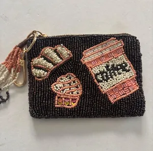 Source Unknown BROWN AND PINK BEADED MINI BAG OR COIN PURSE 5” X 4” HAS BEADED TASSEL ZIP PULL thumbnail 1