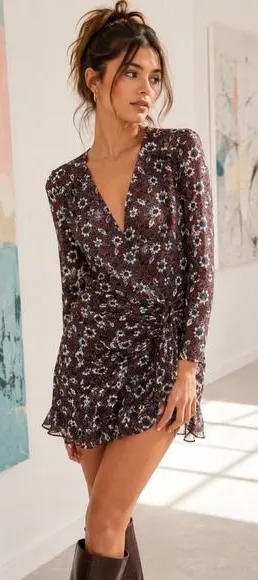 Veronica Beard Silk Floral Ruched Mini Dress Rust Blue‎ Size 0 thumbnail 1