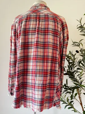 Free People Red Plaid Button-Up Shirt Cotton Gauze crinkle thumbnail 4