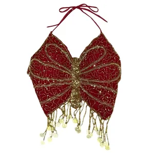 Y2K Beaded Butterfly Halter Top Red Gold Coin Fringe Festival Rave Fairycore S/M thumbnail 3