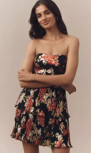 NWT!! DRESS THE POPULATION Libby Floral‎ Tiered Mini Dress Strapless Black Large thumbnail 1