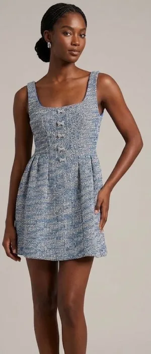 Taylor Blue White Tweed Bow Detail Mini Dress Square Neck Fit Flare Size 8P NEW thumbnail 1