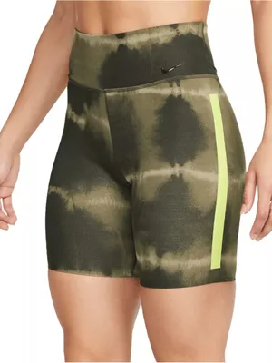 NIKE One Luxe 7” Olive Tie-Dye Bike Shorts Neon Yellow Side Stripes Size Large thumbnail 1