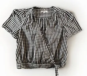 Madewell Women's Small Cross Front Wrap‎ Surplice Tie Top Black White Gingham thumbnail 1