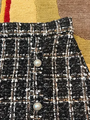 Shein Tweed Short Mini Skirt High Waisted Black White Tan Faux Pearls Size Small thumbnail 2