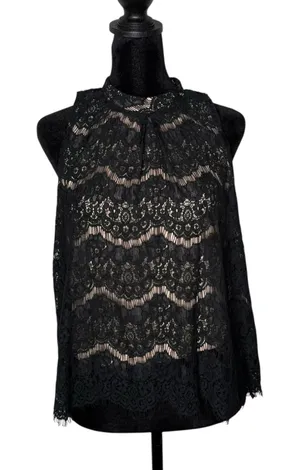 Fire Los Angeles Womens Black Lace Mesh Top Size L Mock‎ Neck Romantic Gothic Dark Feminine thumbnail 1