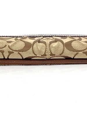 Coach Signature Canvas Khaki Jacquard Brown Leather Trifold Snap Closure Wallet thumbnail 7