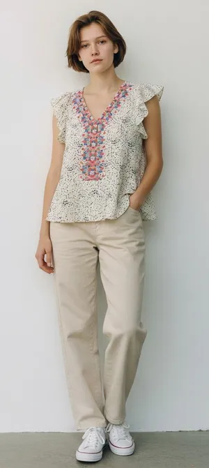 THML pullover style blouse embroidered front with ruffle cap sleeve sz Medium thumbnail 1