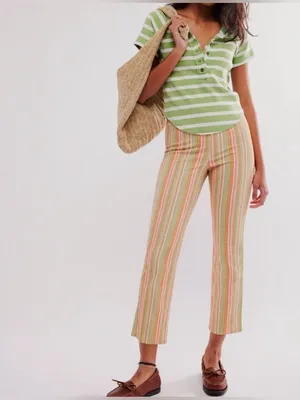 NWOT Free People In My Feelings Stripe Slim Flare Crop Pants - green combo - S thumbnail 3