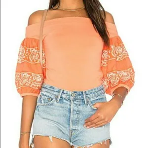 Free People‎ Orange Rock With It Embroidered Puff Sleeve Top thumbnail 1