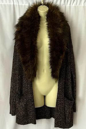 Michael Kors NWT Brown Long Sleeve Fur Trimmed Collar Cardigan Sweater **Sz S** thumbnail 1
