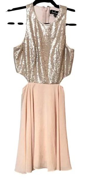 Lulus Peach Sequined Cut Out Sides Party Dress Mini Womens XS Swifty Eras Tour thumbnail 1