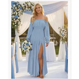 NEW Blue Off Shoulder Split Flowy Wedding Guest Maxi Dress M 8/10 thumbnail 4