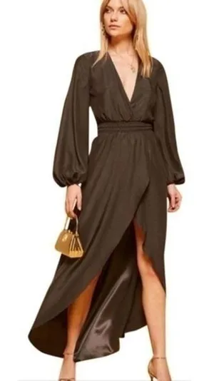 Reformation Rosalina Cocoa Brown‎ Silk Long Sleeve High Low V-Neck Maxi Dress Sm thumbnail 1