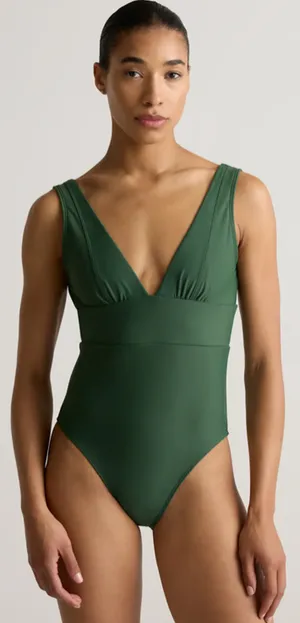 Quince Italian Plunge One-Piece Swimsuit Palm Green Size Medium NEW thumbnail 1