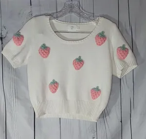 Luna Ivy Knitted Coquette Crop Top With 3D Textured Strawberry Appliques thumbnail 1