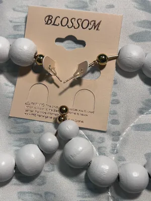 Blossom White Wooden Beaded Hoop Earrings with Gold Accents thumbnail 2