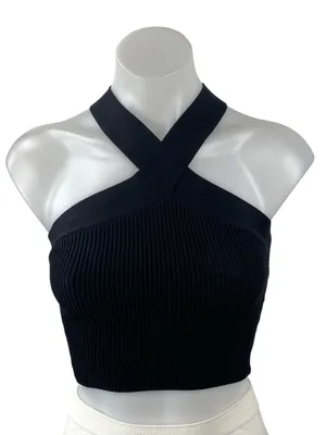 Aritzia Babaton Womens Black Cross Strap Sleeveless Ribbed Knit Crop Top Size XS thumbnail 1