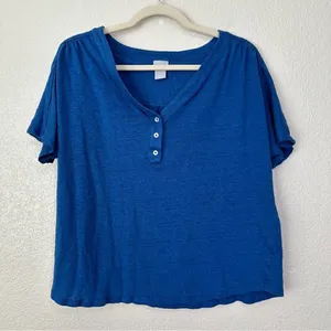 Chico’s 100% Linen Blue Stretch Henley Short Sleeves Tee, Sz Large thumbnail 1