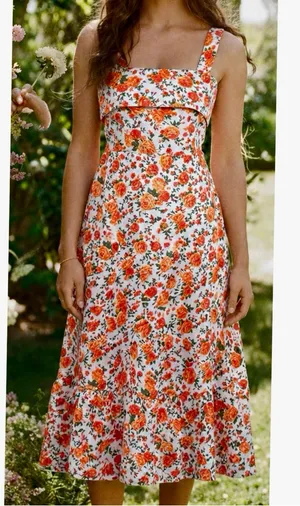 Boutique Floral Garden Party Midi Dress Tie Back Ruffle Hem Cotton Size Medium thumbnail 1