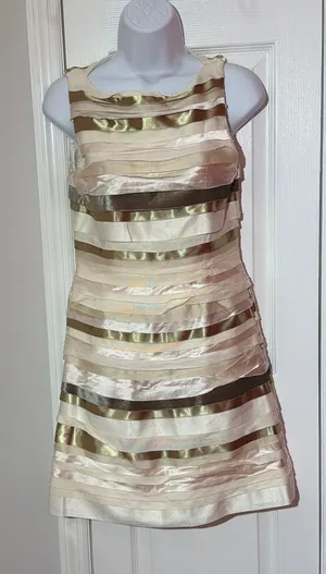 Alice + Olivia Dress Women Cream Gold Silk Tiered Ribbon‎ Mini Size 4 thumbnail 1