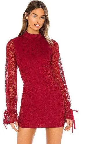 Revolve Lovers + Friends Talia Lace Long Bell Sleeve Mini Dress in Ruby Red thumbnail 1