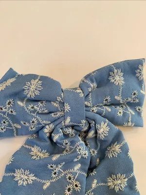Blue and White Eyelet Embroidered Long Tails Bow French Barrette Hair Clip thumbnail 2
