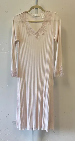 Eileen West Pink Lace Trim Ribbed Nightgown Long Sleeve Sleep Dress XS Vintage thumbnail 1