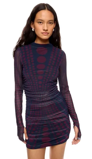 AFRM- Darcie Navy and Burgundy Dot Ruched Mini Dress Size S thumbnail 1