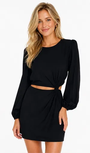 LucyParis Black Cutout Mini Dress Long Sleeve Side Twist Cocktail Party Size M thumbnail 1