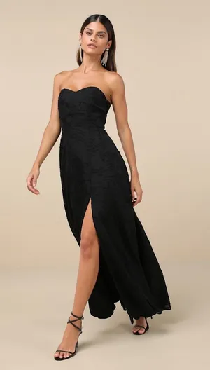 NWT Lulus Garden of Romance Black Floral Burnout Strapless Maxi Dress Gala Sz S thumbnail 1