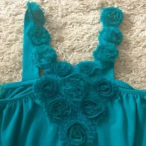 Celebrity Pink turquoise green halter top/dress. Handmade flowers . Size Large. thumbnail 5