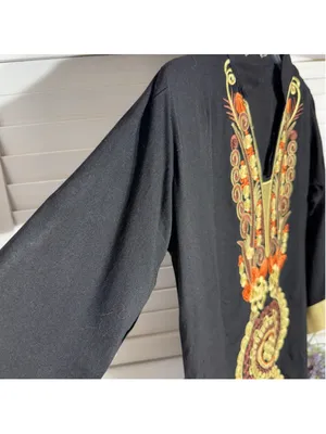 Vintage Kaftan dress black gold embroidery cotton hippie boho whimsigoth sz M L thumbnail 3