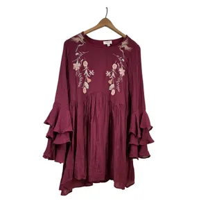 Umgee Burgundy Embroidered Floral Bird‎ Boho Mini Dress Ruffle Bell Sleeve Small thumbnail 2