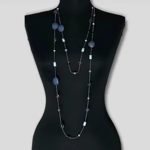 Vintage Beaded Layered Necklace and Drop Earring Set Silver Tone Blue thumbnail 2
