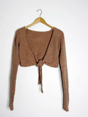 SKIMS Cozy Knit Wrap Sweater S/M Teddy Fuzzy Cropped Tie Front Brown thumbnail 7