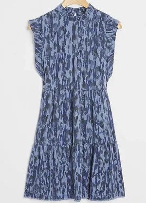 Anthropologie Jenee Tiered Tunic Dress Blue Leopard Print Sz XS thumbnail 1