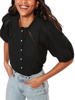 Old Navy Puff-Sleeve Lace-Trim Clip-Dot Blouse NWT - Large thumbnail 1