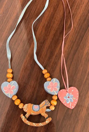 Hand Painted Wooden Rocking‎ Horse Heart Necklaces Country Folk Art Cottagecore thumbnail 1