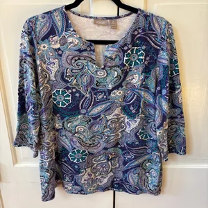 Chico's Size 2 Blue‎ Abstract Floral Paisley Print Blouse Top Shirt Size Large thumbnail 3