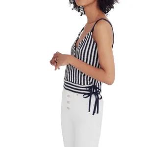 Madewell Navy Blue & Ivory Striped Jacquard Side Tie Faux Wrap Finale Cropped Tank Small thumbnail 3