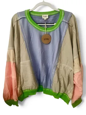 Bibi Colorblock Crewneck Longsleeve Sweatshirt in periwinkle and tan thumbnail 2