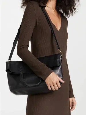 Madewell The Foldover Transport Tote in black leather thumbnail 1
