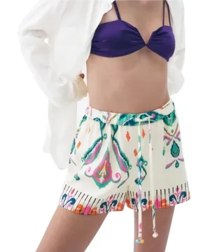 Zara Linen Print Shorts Boho Pom Pom‎ Drawstring Waist Casual Summer XS thumbnail 1