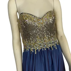 2000s Glow Dress Blue Chiffon Beaded Prom Gown Gold Sequin Formal Strapless S thumbnail 4