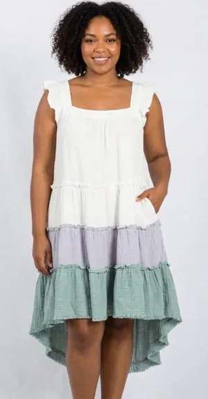 Colorblock Tiered High-Low Midi Dress White Gray Sage Pockets White Birch 1X thumbnail 1