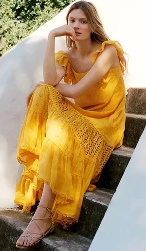 Payal Jain BOHO Yellow Eyelet Floral Lace by Anthropologie Maxi Dress Dz 2 thumbnail 1