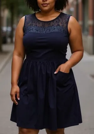eShakti Navy Blue Lace Fit and Flare Dress Cap Sleeve Size 8 M HOCO Event‎ thumbnail 1